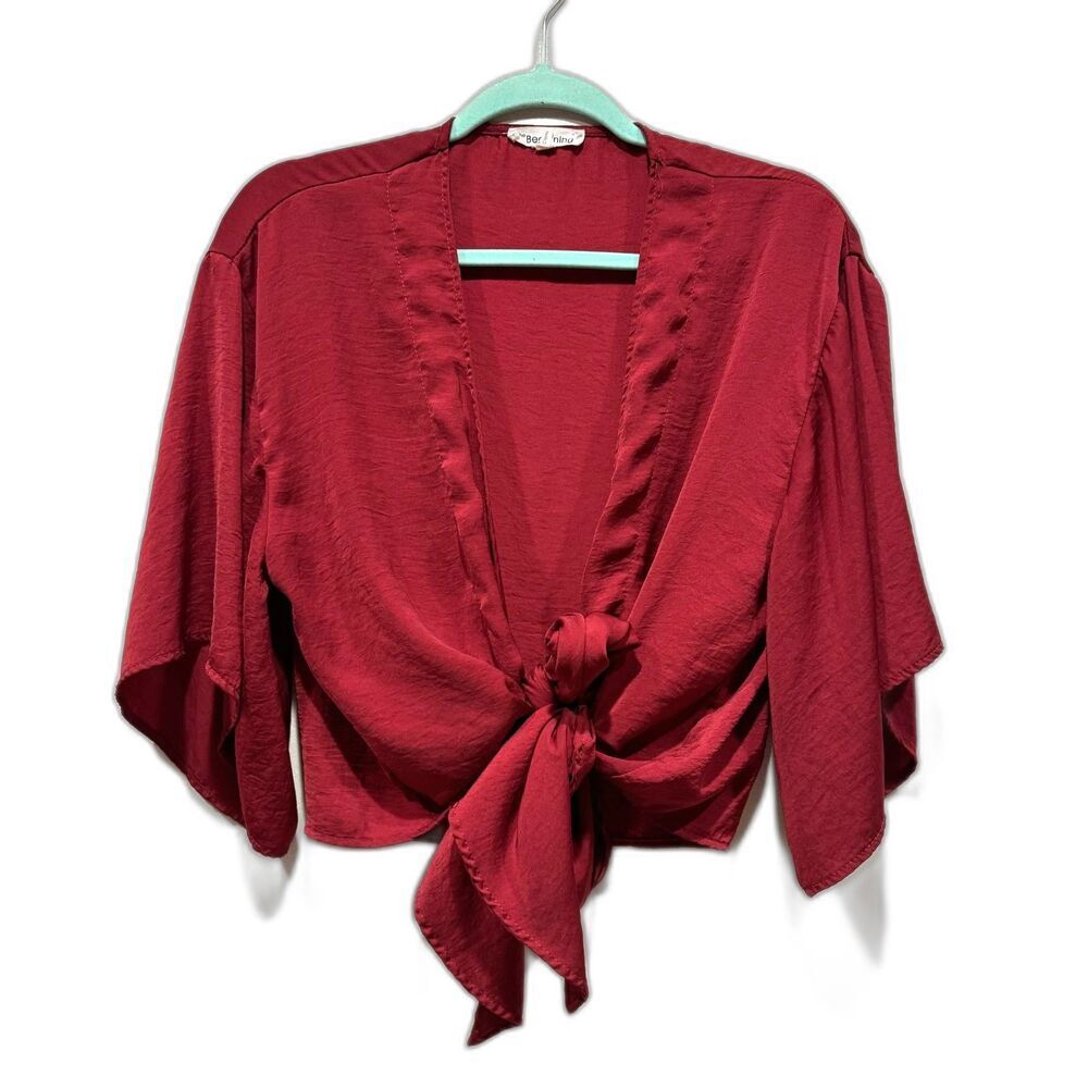 In the Beginning Blouse Women sz Small Red Top Short Sleeves Tie Front Surplice